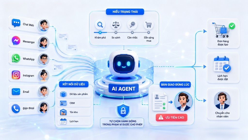 An AI Agent proactively identifies needs, leverages data, and works with staff to handle omnichannel conversations effectively.